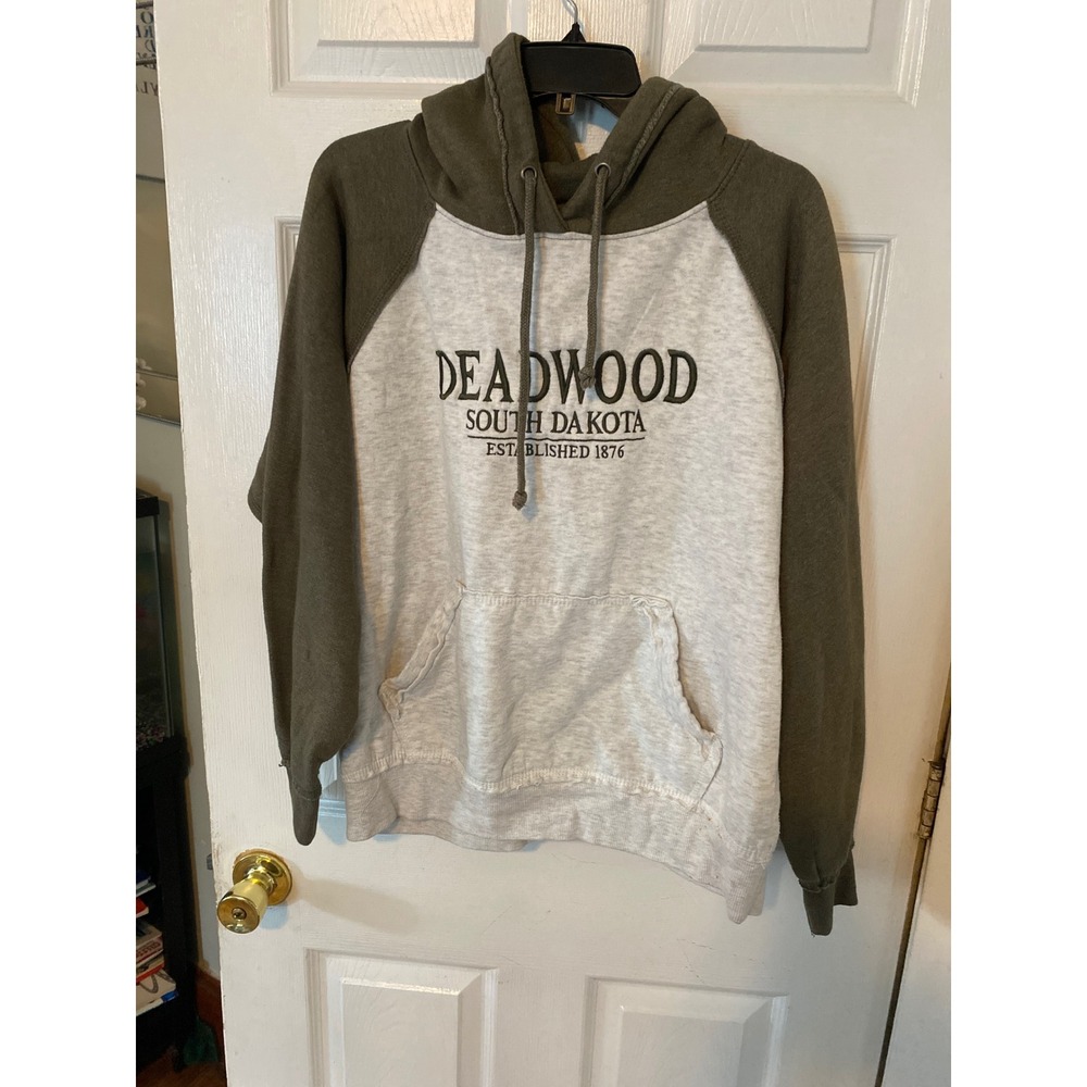 US Vintage Deadwood South Dakota Hoodie Raglan Sweatshirt Green Oatmeal Small